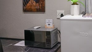 A room with a mounted air conditioner, a zebra painting, a potted plant, a microwave, and a refrigerator.
