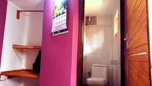 Une salle de bain avec des toilettes, une douche et une porte en bois.