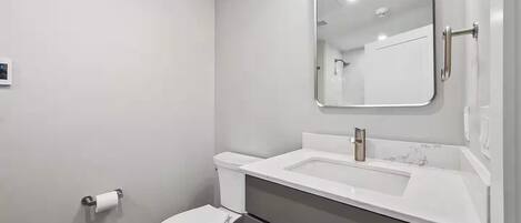 A modern bathroom with a toilet, sink, and mirror.