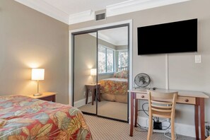 A hotel room with a bed, a desk, a chair, a TV, and a mirror. - Quiet Comfortable 2br-2ba Condo in Saddlebrook (Zephyrhills)