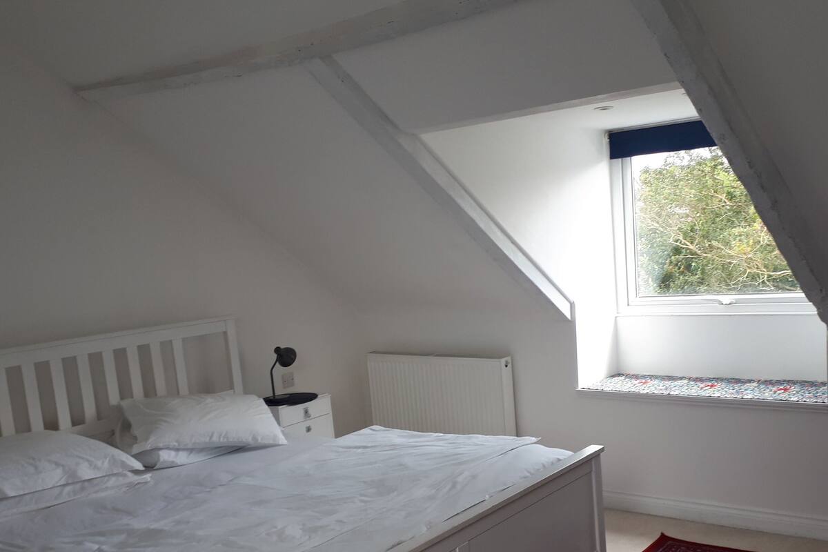 A bedroom with a white bed, a nightstand, a radiator, a window with a view of trees, and a red carpet.