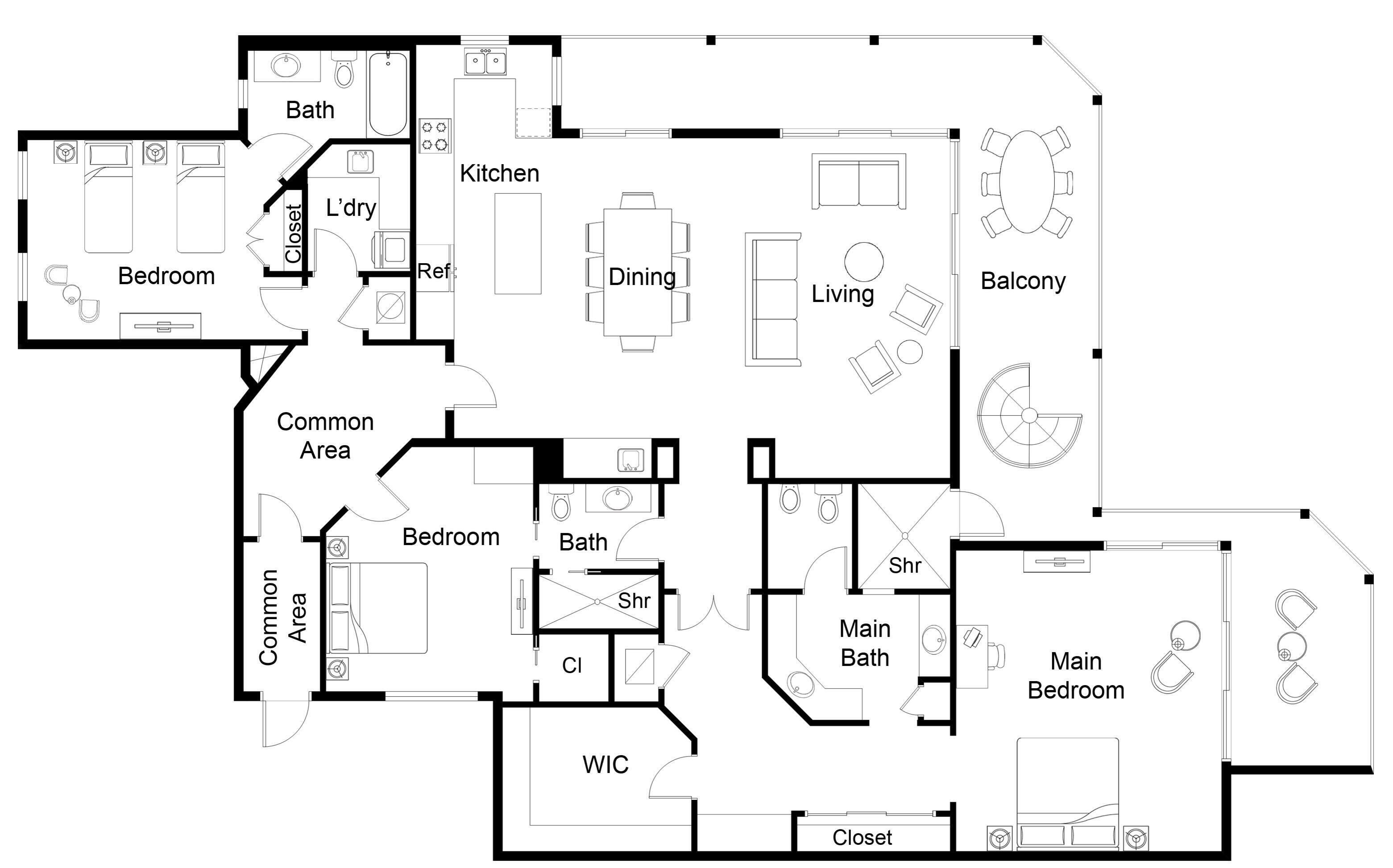 Un plan d’étage comprenant un espace commun, deux chambres, un salon, un coin repas, une cuisine, une salle de bain, des toilettes, un balcon et un placard.