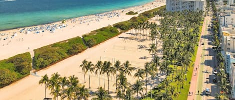 Un paysage urbain côtier avec une plage, une promenade bordée de palmiers et de grands immeubles.