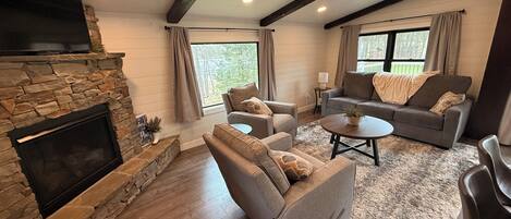 Smart TV, fireplace, books
