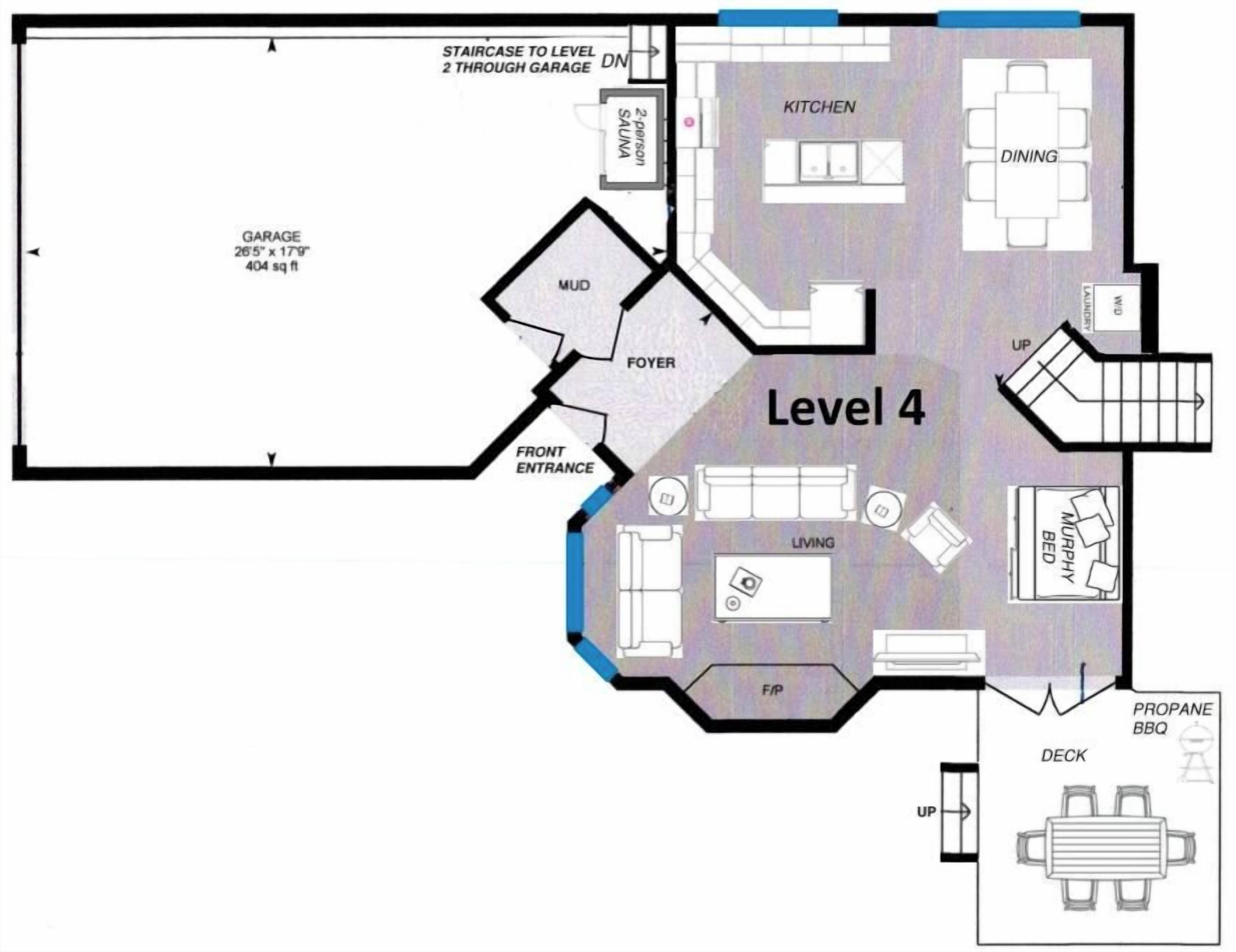 Plano de planta de un apartamento en el nivel 4 con garaje, vestíbulo para abrigos, recibidor, cocina, comedor, sala de estar y terraza.