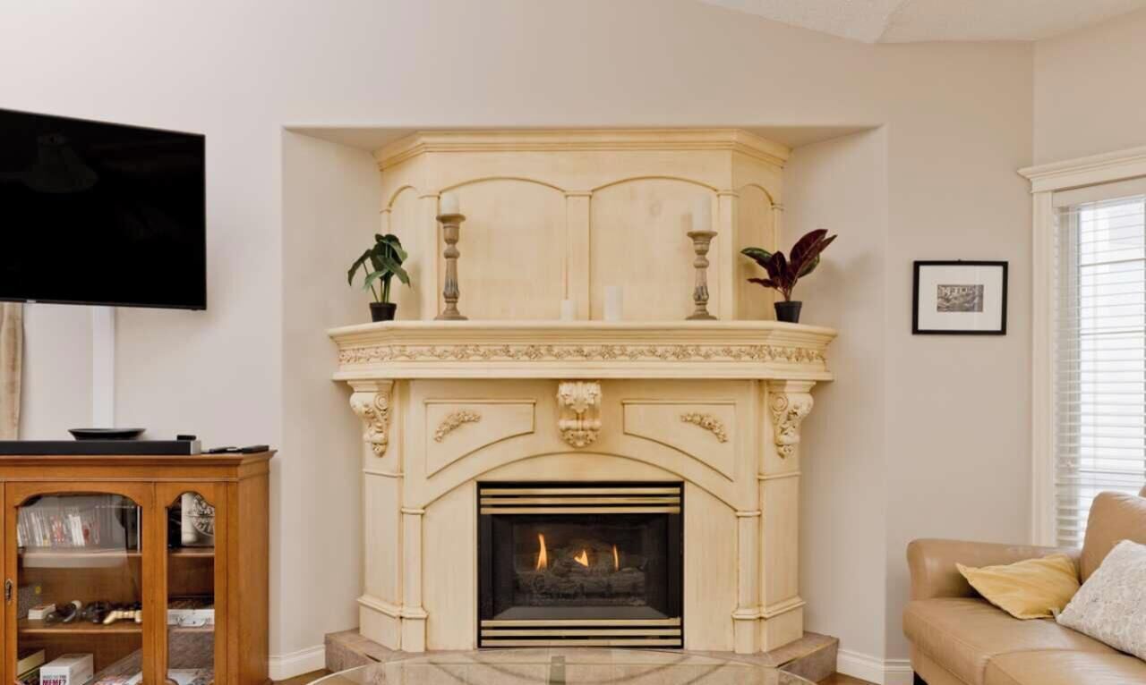 A living room with a fireplace, a television, a sofa, and a bookshelf.
