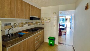 Una cocina con armarios de madera, estufa a gas, pileta y un cubo de basura verde.