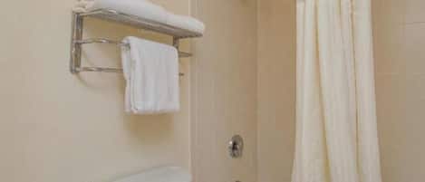 Hair dryer, towels, soap, toilet paper