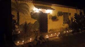 Un edificio con un mural de paisaje tropical, una puerta y plantas.