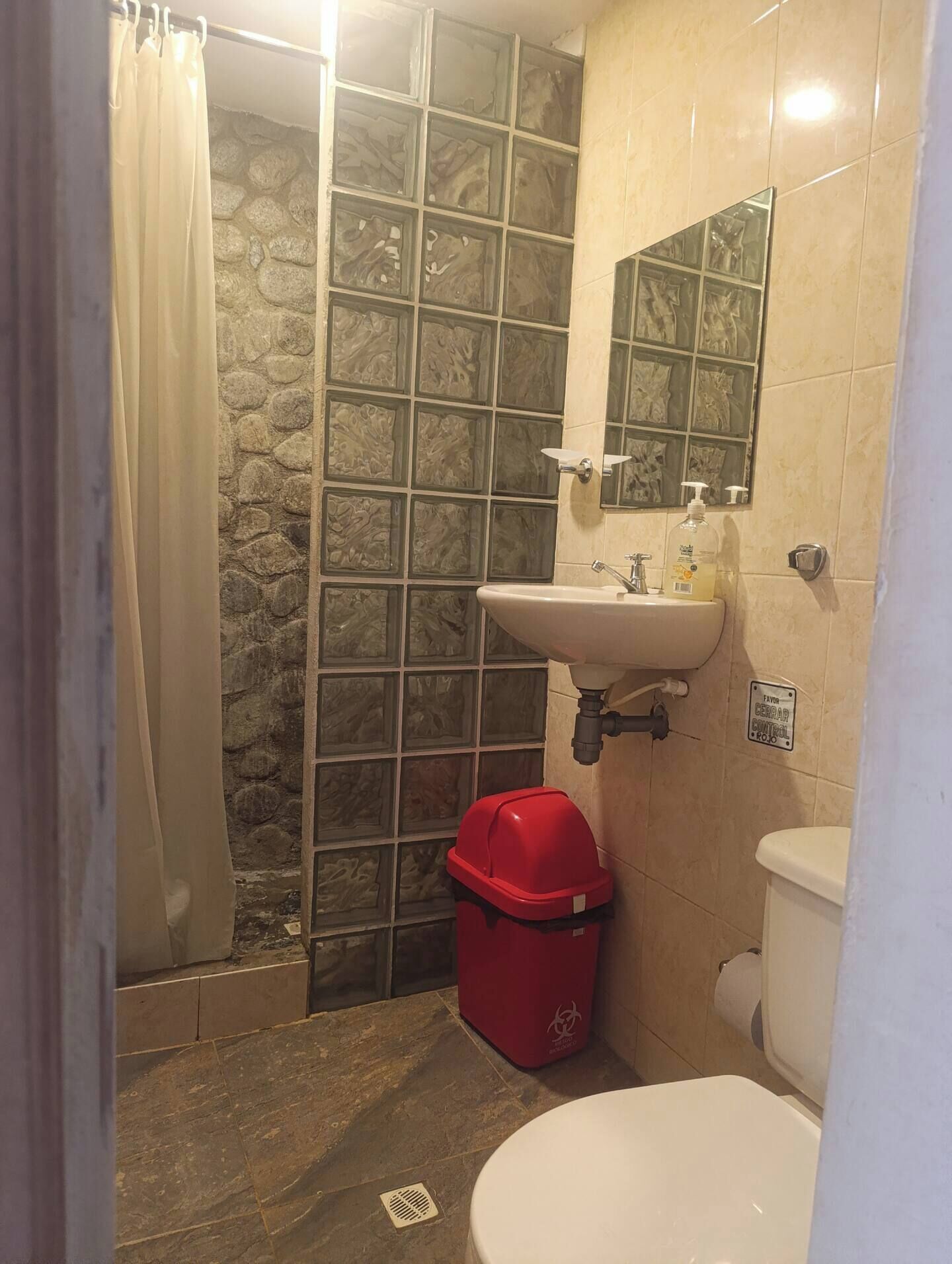 Secadora de cabello, toallas, jabón, papel de baño 