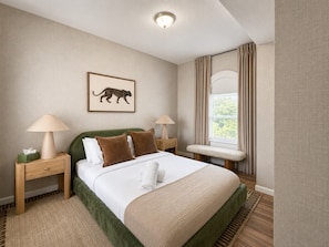 A hotel room with a bed, two nightstands, a bench, a window with curtains, and a wall-mounted picture. - Free Parking | Walk to Yale & Frank Pepe’s (New Haven)