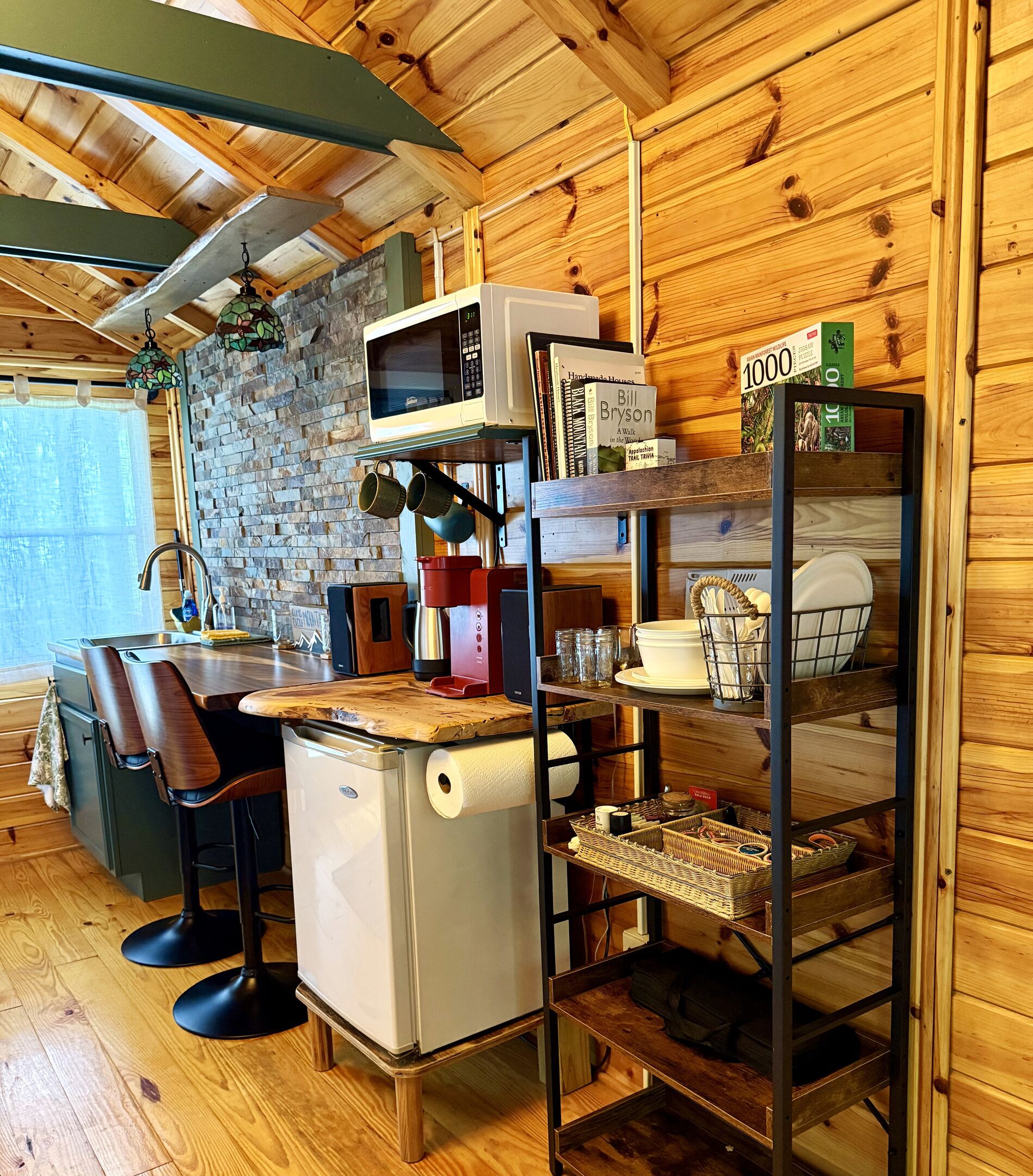 Coffee/tea maker, fridge, microwave, cookware/dishes/utensils