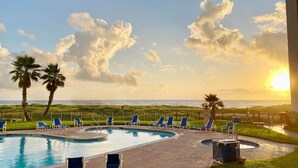 A pool with lounge chairs, palm trees, and a view of the ocean at sunset. - Beautiful 4Ba/Br, oceanfront, & ground floor- one of only several on the island! (South Padre Island)