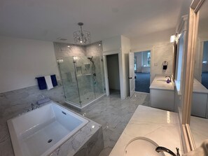 Hair dryer, towels, soap, toilet paper