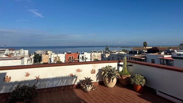 A rooftop terrace with potted plants, a clear view of the sea, and a tiled floor. - Vacation home Annameri (Terrasini)