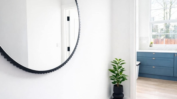 A hallway with a large mirror, a potted plant, and a view of a blue cabinet through a window. - 2 BR Sofabed 11 Mins to Gallops Parking Garden (Newmarket)