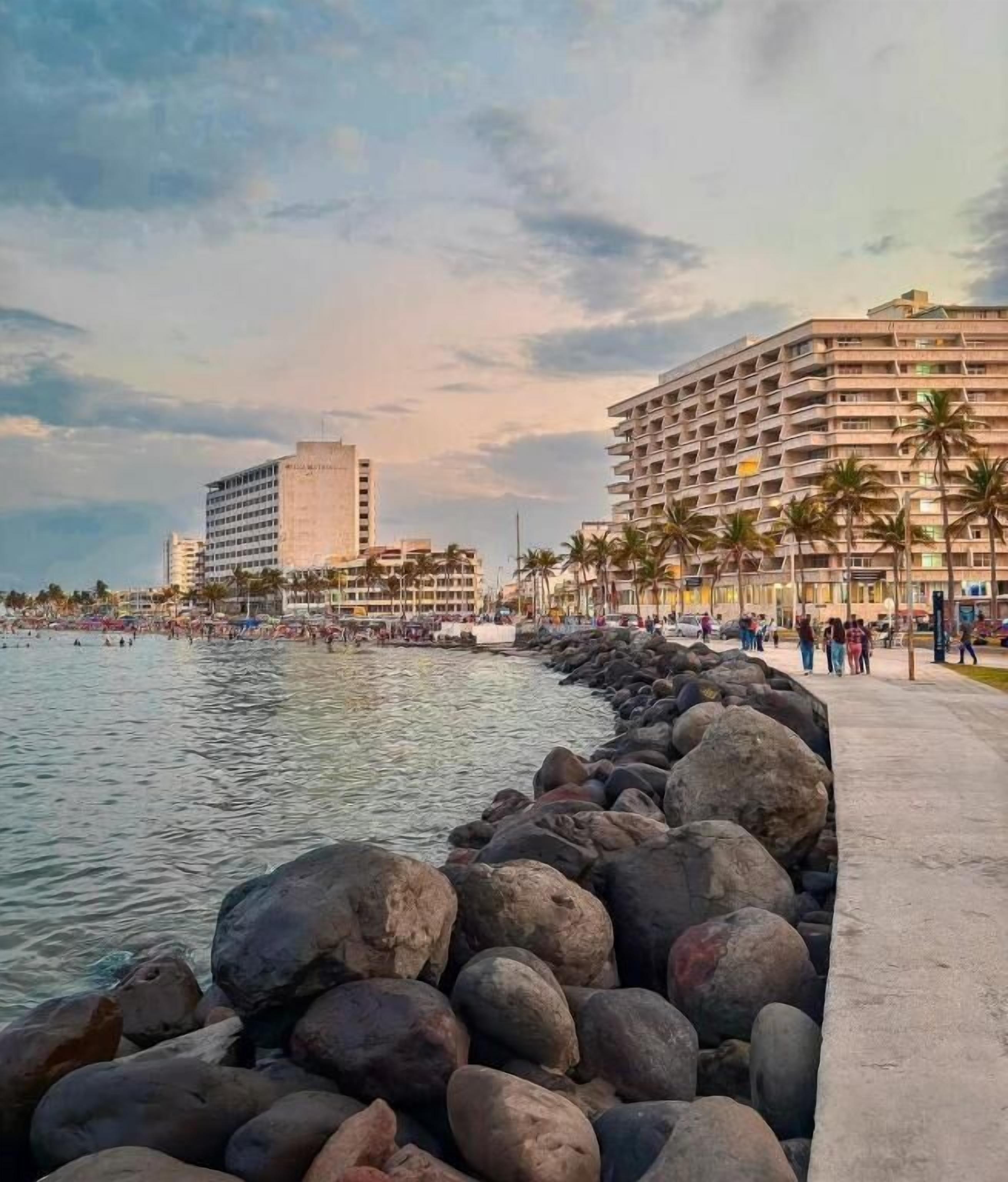 A coastal hotel with a beachfront view, a rocky shoreline, and a promenade lined with palm trees.