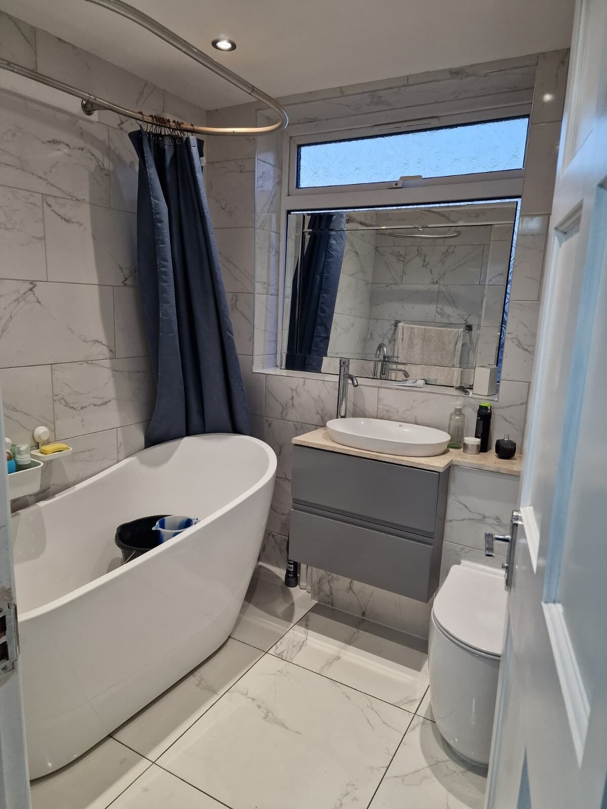 Hair dryer, towels, soap, toilet paper