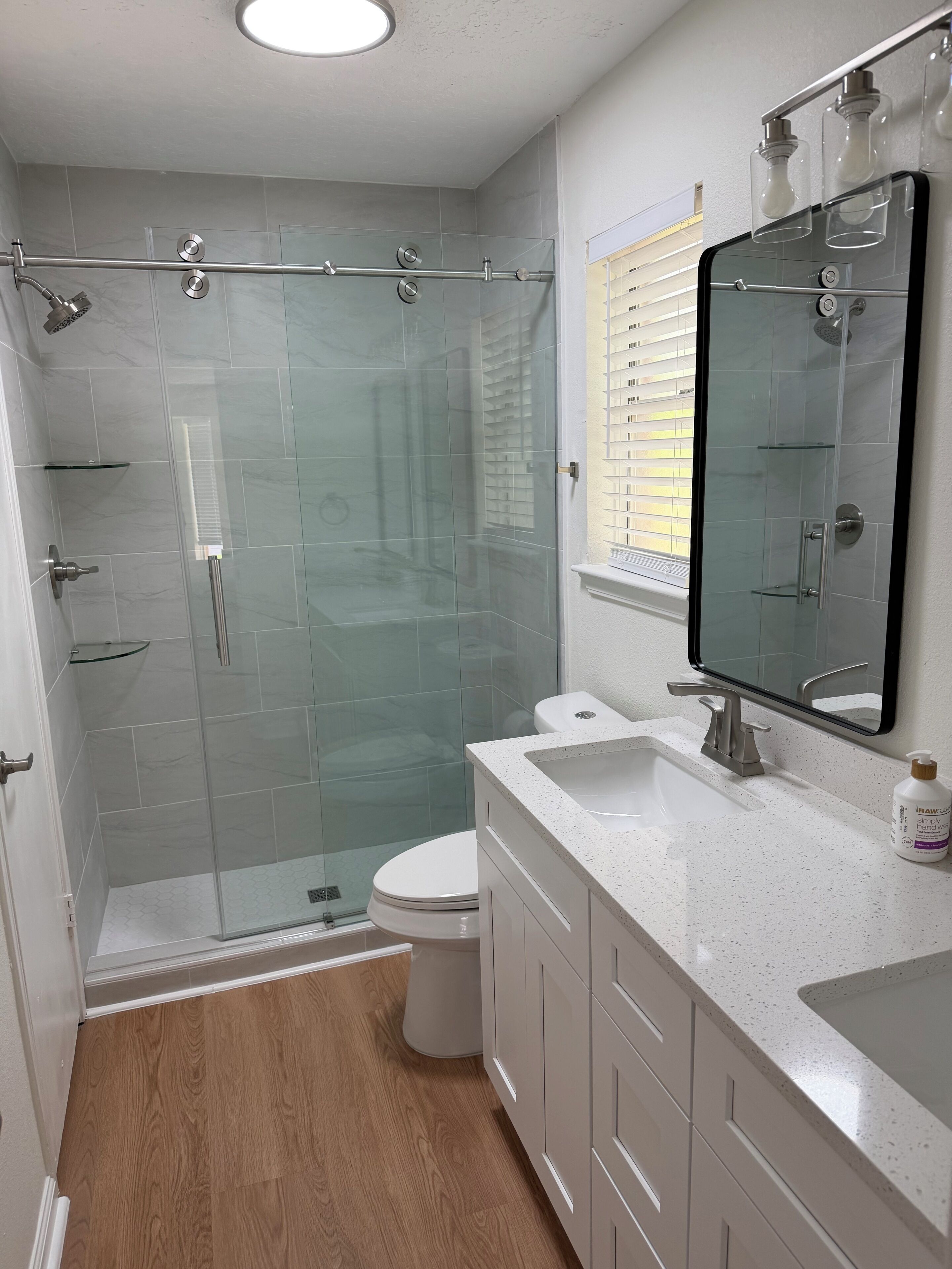 Shower, towels, soap, shampoo