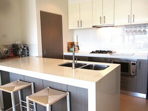 Fridge, microwave, oven, stovetop