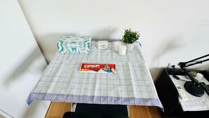 A small room with a bed, a desk with a computer, a lamp, a plant, and a snack bar. - Airport Studio-Quick City Access w/ Free Parking (Surčin)