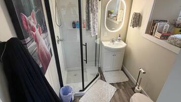 A modern bathroom with a glass shower enclosure, a white sink, a toilet, and a mirror with a light.