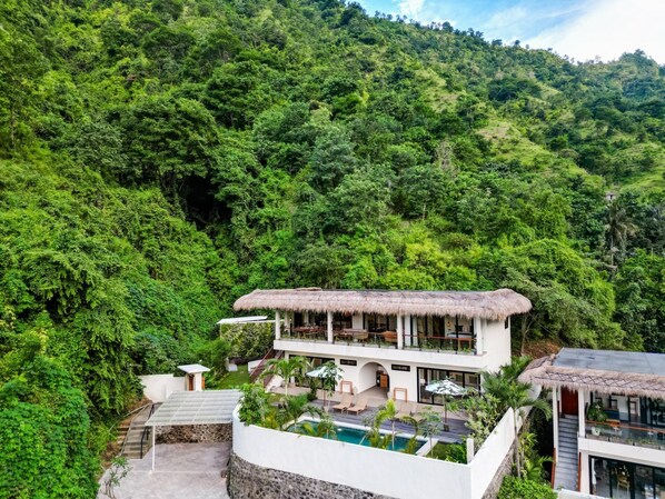 A modern villa with a thatched-roof structure, a swimming pool, and lush greenery surrounding the property.