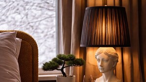 A bedroom with a bed, a bedside table with a lamp, a bonsai tree, and a bust sculpture. - Elegant 4BDR Boston Stay Free Garage + EV Charger (Boston)