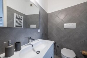 A modern bathroom with a large sink, mirror, towel rack, and toilet. - Colosseum Charming Apartment (Roma)