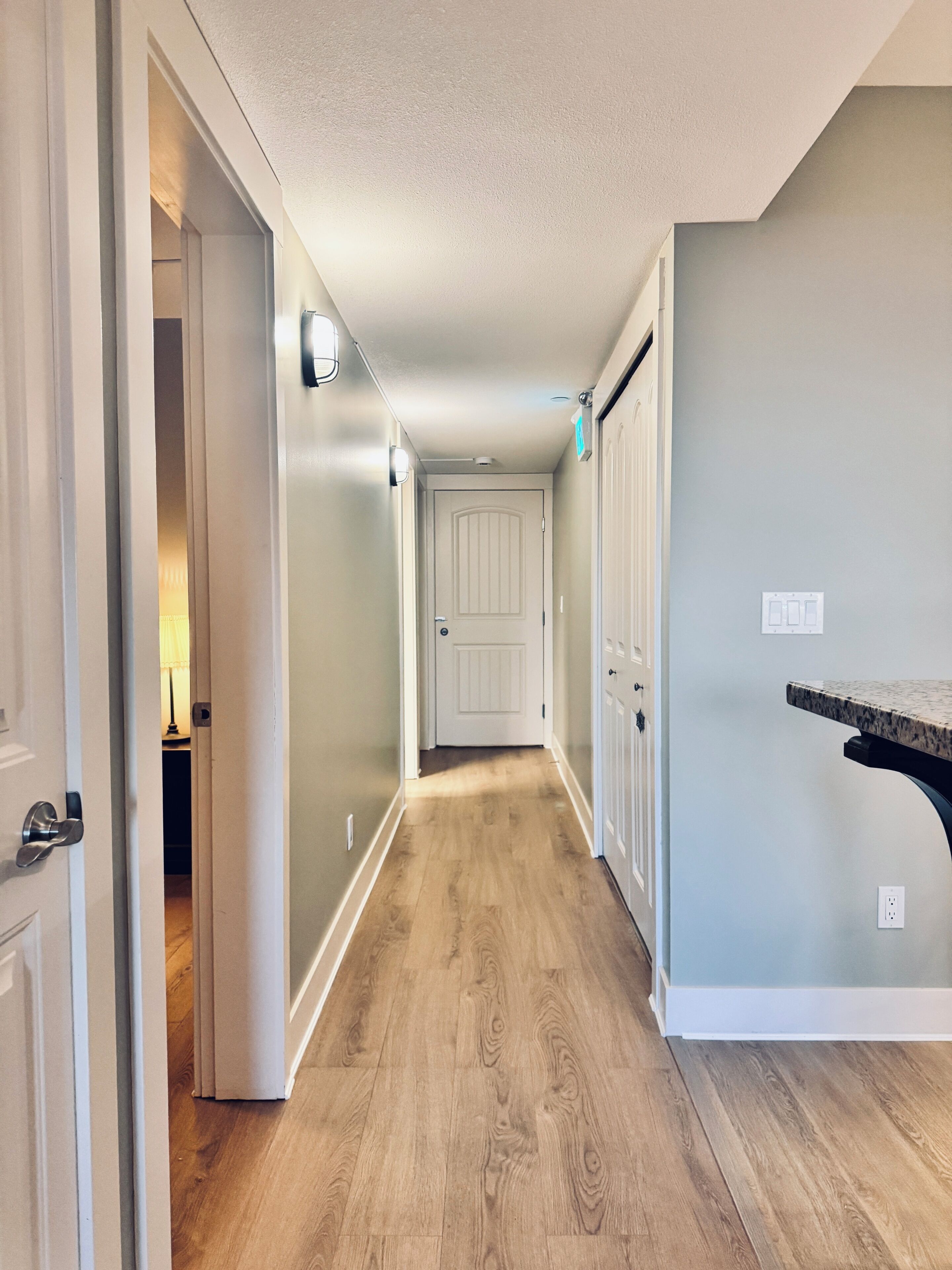 Un couloir au plancher en bois, une porte au fond et un luminaire fixé au mur.