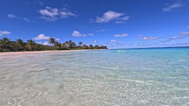 Una playa con aguas cristalinas, palmeras y una costa lejana.