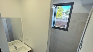 A bathroom with a sink, mirror, and shower. - T2 any comfort Tranquillity assured has only 5 min of st stone (Saint-Pierre)