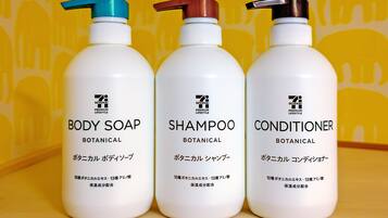 Hair dryer, towels, soap, toilet paper