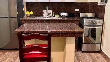 Fridge, microwave, oven, coffee/tea maker