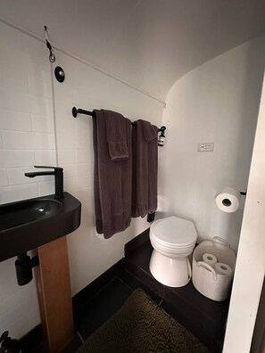 Un bagno piccolo con un water bianco, un lavandino nero e due asciugamani appesi a un portasciugamani.