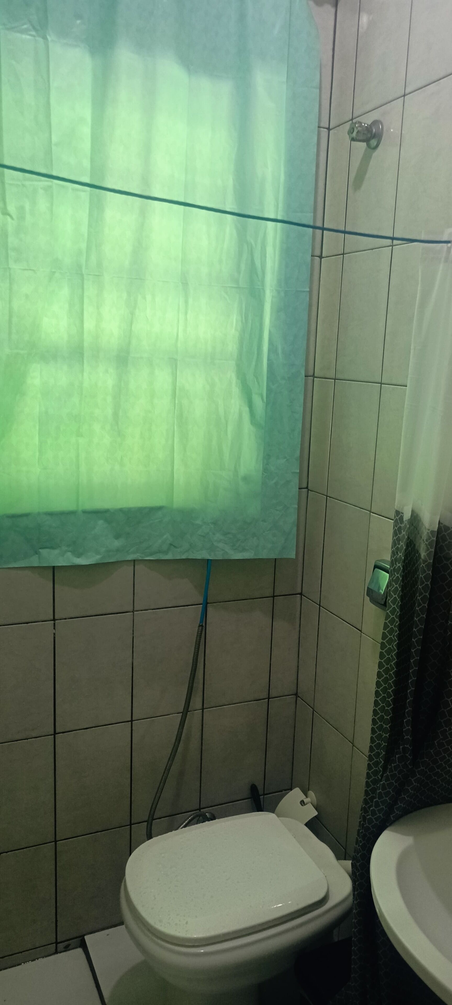 Een douche, een bidet, zeep, toiletpapier