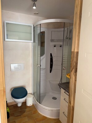 Ein Badezimmer mit Duschkabine, Toilette und Waschbecken.