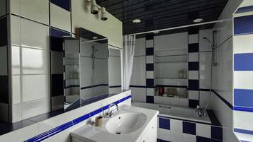 Shower, hair dryer, towels, toilet paper