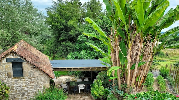 A stone building with a tiled roof, a covered outdoor seating area, and lush greenery including banana trees. - Just 15 minutes from 4 of France's most beautiful villages, the Dordogne valley and the Lot. (Le Pescher)