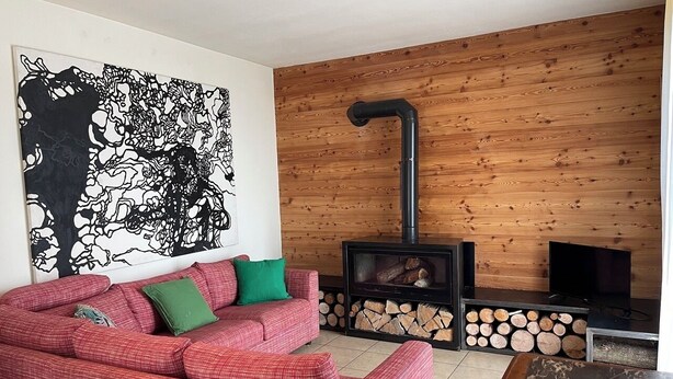 Een woonkamer met een rode bank, een zwart abstract schilderij, een houtkachel en een televisie.