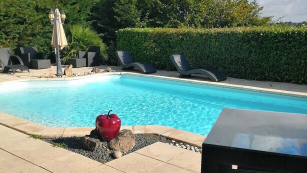 Ein Schwimmbecken mit Liegestühlen, einem Tisch und einem roten Apfel am Rand.