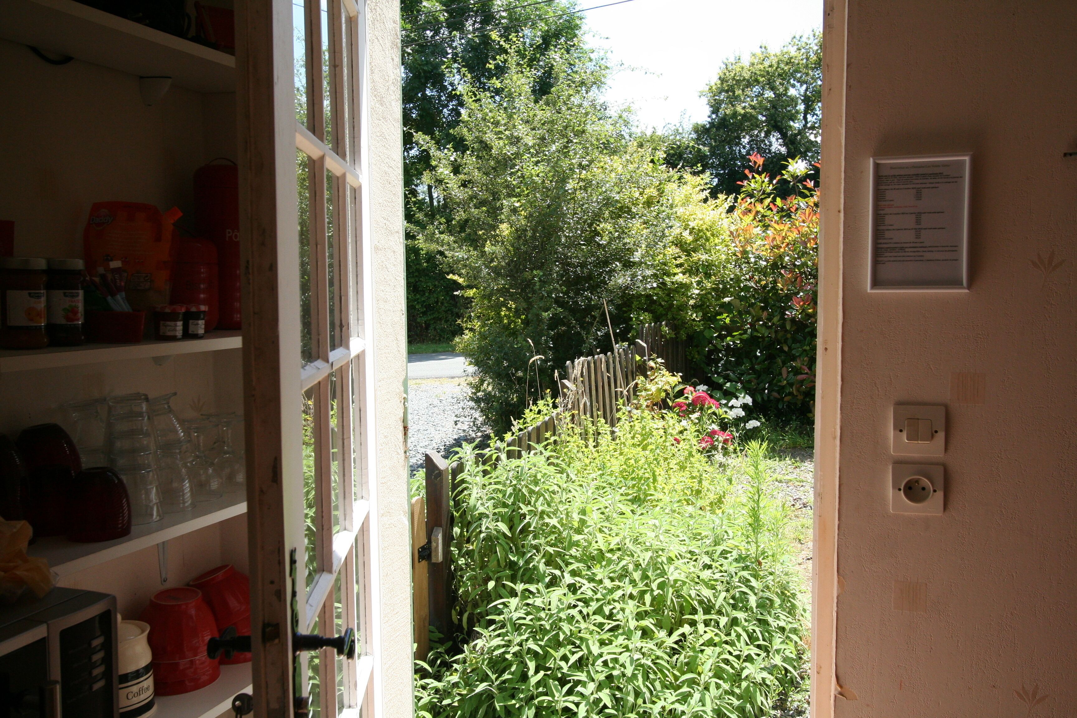 Une porte ouverte donnant sur un jardin entouré d ’une clôture en bois, des étagères remplies de divers objets et une prise électrique fixée au mur.