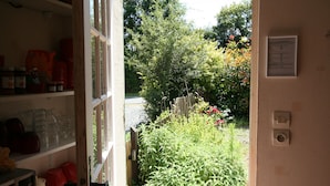 Eine offene Tür, die in einen Garten mit Holzzaun, Regalen mit diversen Gegenständen und einer Wandsteckdose führt.