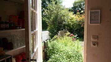 Een open deur die leidt naar een tuin met een houten hek, planken met diverse spullen, en een wandcontactdoos.