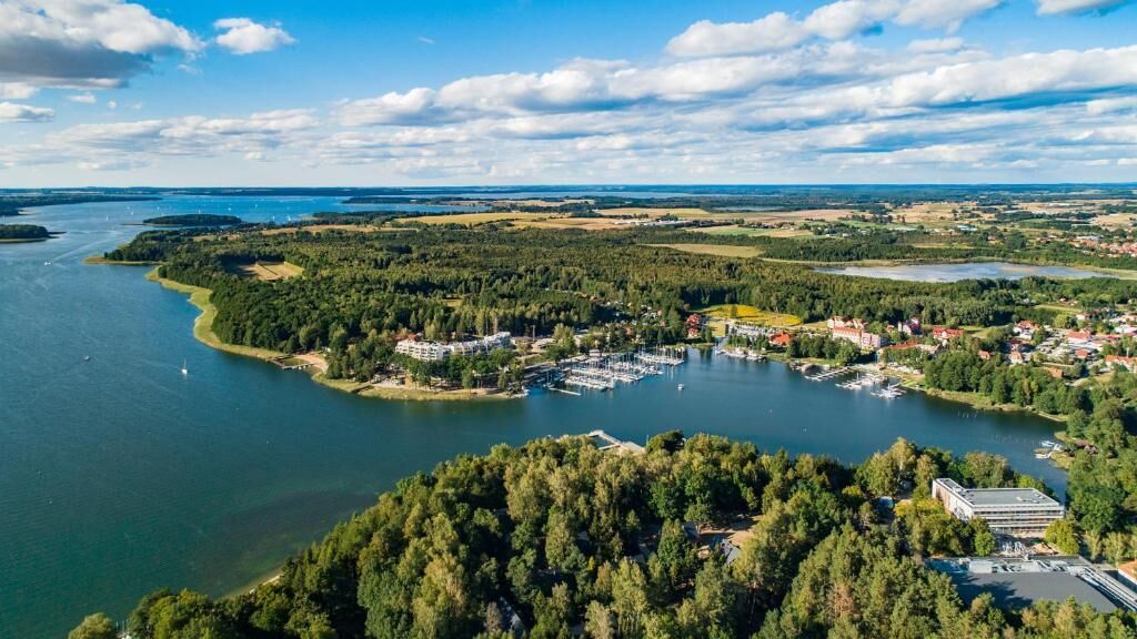 An aerial view of a lakeside town with a marina, dense forests, and residential buildings.
