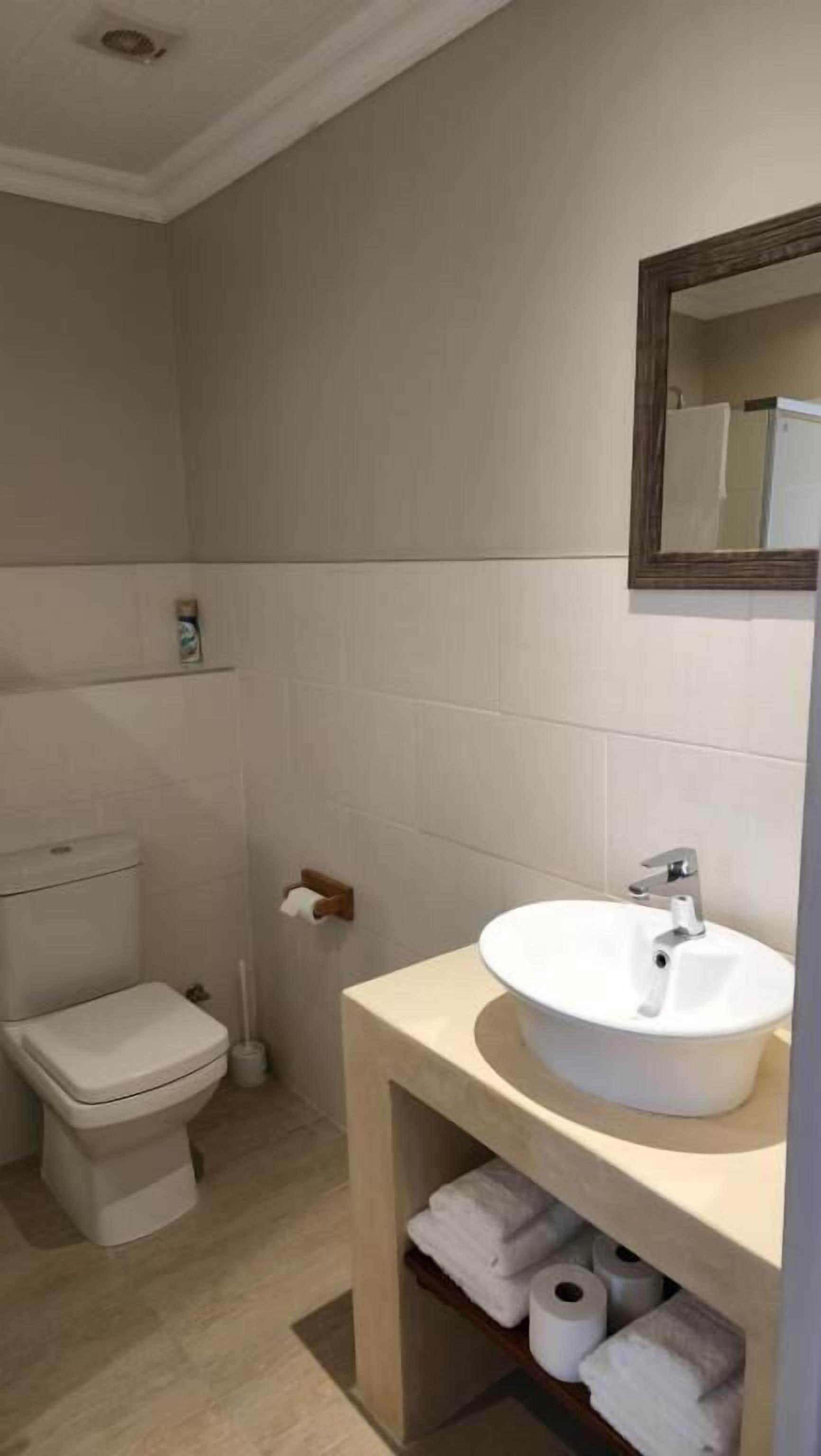 A bathroom with a toilet, sink, and mirror.