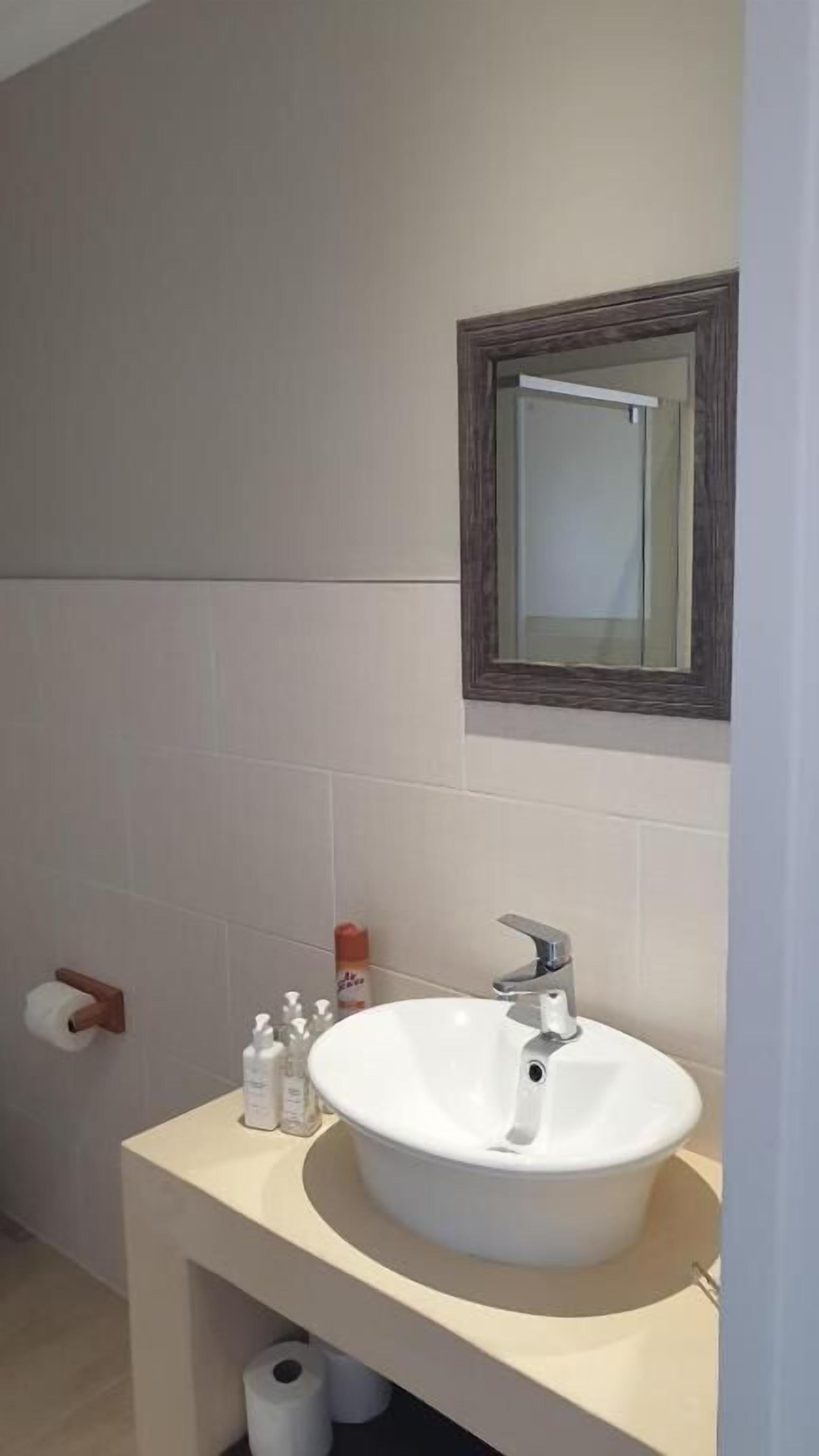 A bathroom with a white sink, a mirror, and a toilet paper holder.