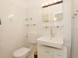 A bathroom with a toilet, a sink, a mirror, and a shower. - Jann-Berghaus-Straße 20, apartment 1 (Norderney)