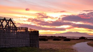 Un coucher de soleil sur un paysage verdoyant, avec une clôture en bois et un sentier.