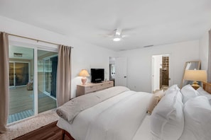 Ein Hotelzimmer mit einem Bett, einem Fernseher, einem Schreibtisch mit Lampe, einer Schiebeglastür zu einem Balkon und einem Deckenventilator.